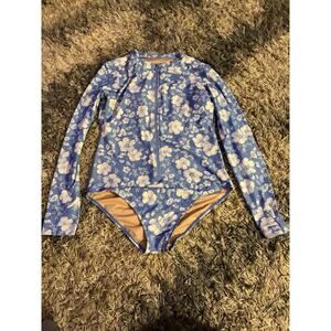Solbari swimsuit one piece long sleeve blue with white flowers size small UPF50+